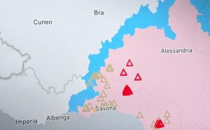 La carta con i ritrovamenti di cinghiali infetti da PSA