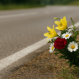 Un mazzo di fiori deposto a bordo strada, a memoria delle vittime degli incidenti stradali
