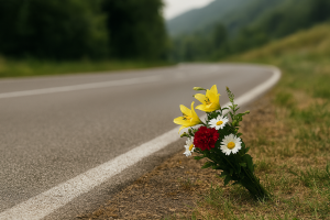 Un mazzo di fiori deposto a bordo strada, a memoria delle vittime degli incidenti stradali