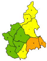 La cartina del Piemonte con l'allerta meteo arancione per le valli Belbo, Bormida e Scrivia