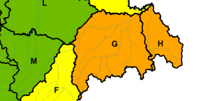 La cartina del Piemonte con lallerta meteo arancione per le valli Belbo, Bormida e Scrivia